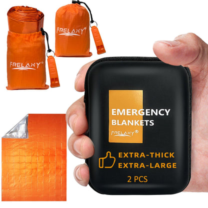 Frelaxy Emergency Blanket 2-Pack, Extra-Thick Extra-Large Space Blankets with Whistles, Storage Pouchs, and EVA case