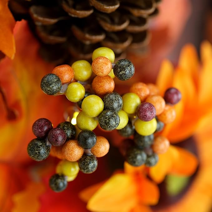 20-inch Fall Wreath, Battery Operated Autumn Wreath with 20 Fairy Lights, Sunflower, Pine Cones, Maple Leaves, Orange & Purple Berries