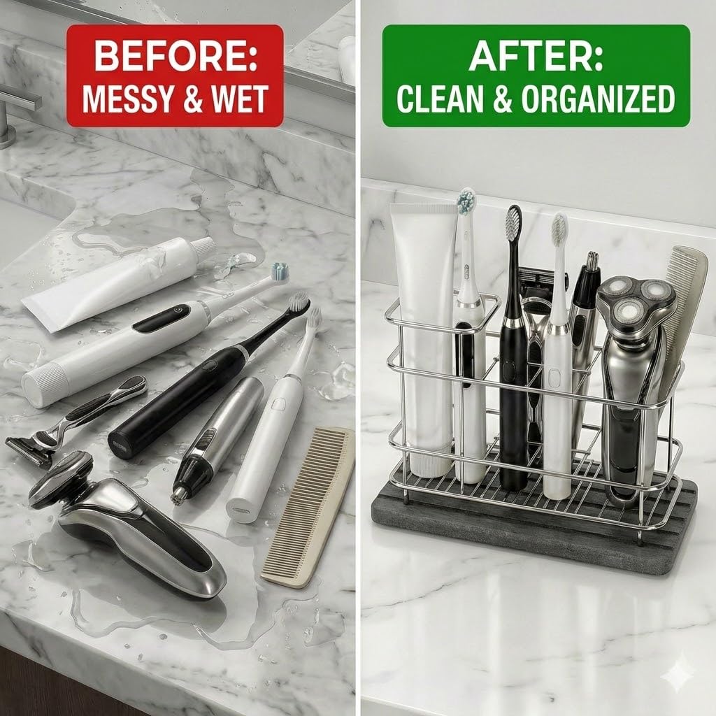 Cong He Toothbrush Holder for Bathroom Countertop, Stainless Steel Electric Toothbrush Organizer with Quick-Drying Diatomite Stone Mat, Rustproof Vanity Caddy for Toothpaste and Razors, Grey