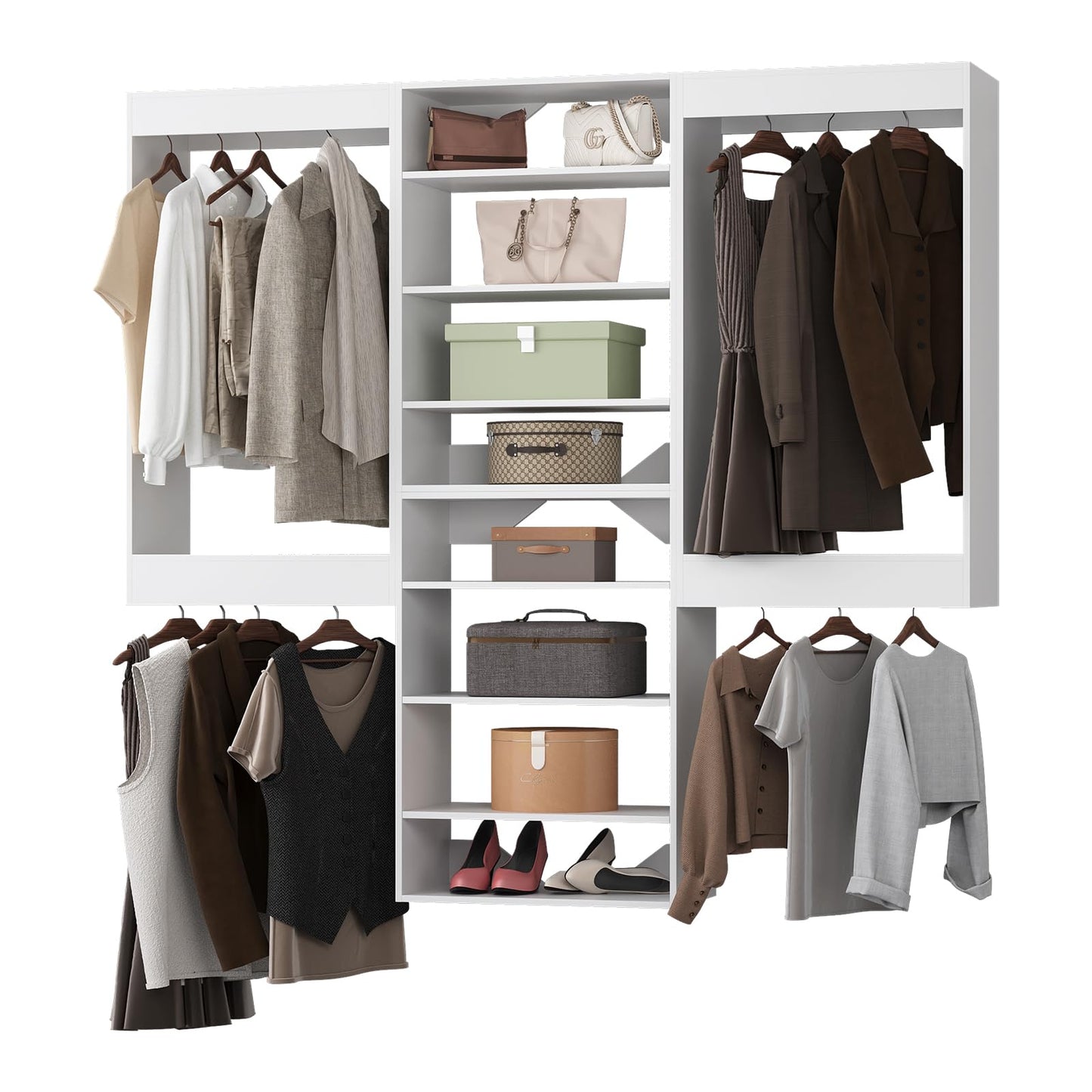 MODCART Modular Closet System, 102" Wide Closet Organizer System with Hanging and Towers, Wood Tower Closet Storage for Walk In Closets, Wall Mounted Wardrobe Organizer Kit System, Bedroom,White