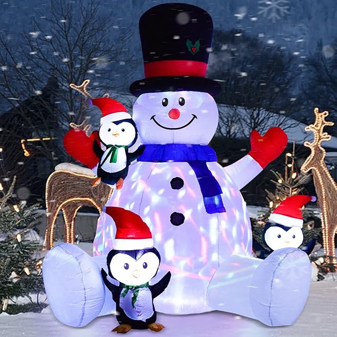 7ft Inflatable Christmas Snowman with Penguins, Rotating 7 Color Changing Led Lights and 3LED Lights Xmas Holiday Blow Up Family Party Decoration Yard Lawn Indoor Outdoor Inflatables