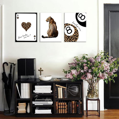 Trendy Leopard Wall Art Set of 3 Cheetah Print Canvas Wall Decor Lucky 8 Ball Paintings Posters Prints Preppy Room Aesthetic Pictures Artwork for Living Room Bedroom Apartment Dorm 12x16inch Framed
