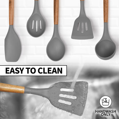 Zulay Kitchen Utensils Set Non-Stick Silicone Cooking Utensils Set with Authentic Acacia Wood Handles - 5 Piece Silicone Utensil Set - Kitchen Utensils Set with 464°F Heat Resistance - Gray