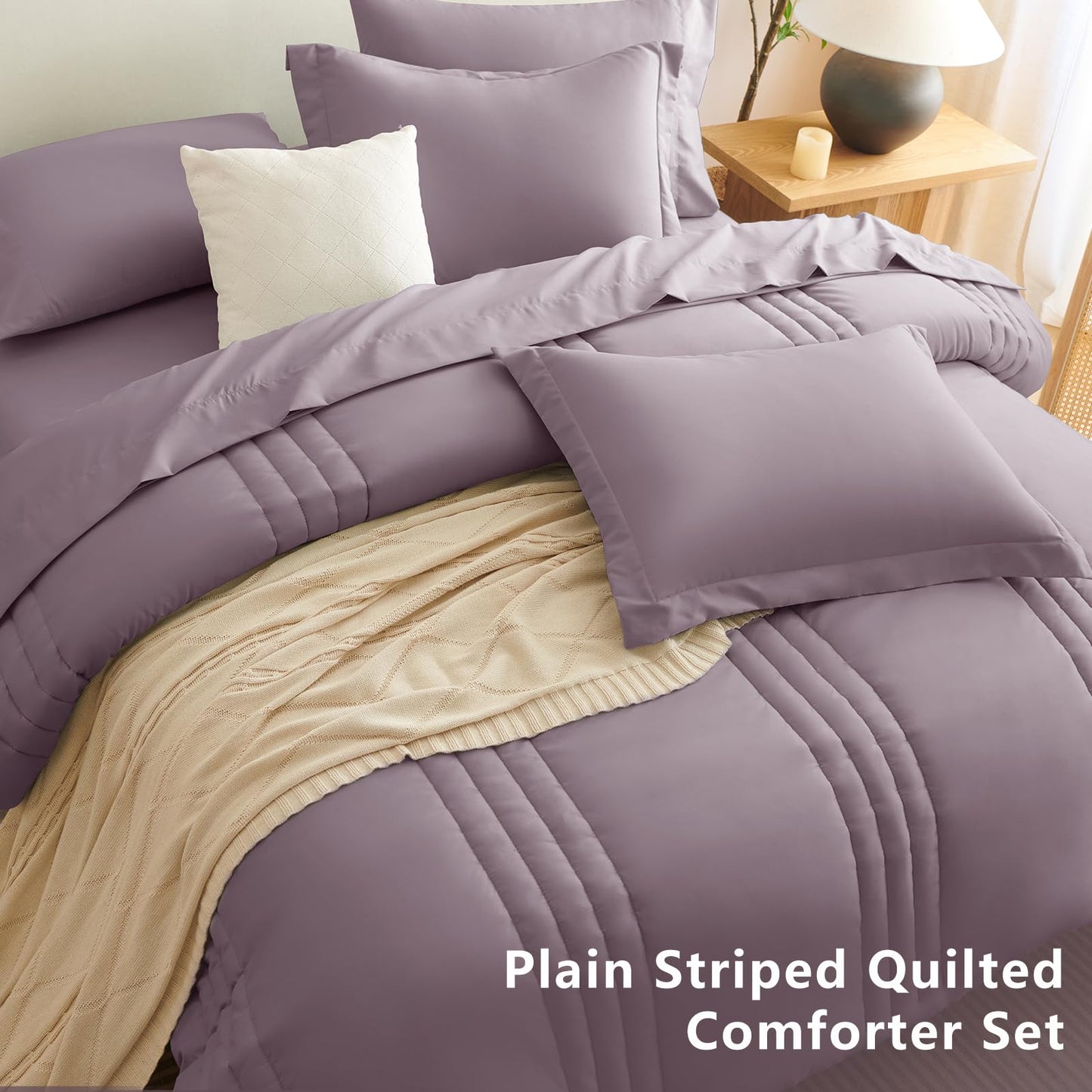 CozyLux King Size Comforter Set Dusty Purple - 7 Pieces Bed in a Bag, Modern Vertical Quilted Room Decor, Soft All-Season Bedding Gift with Comforter, Sheets, Pillowcases & Shams