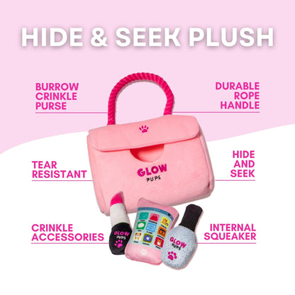Glow Pups "Fashion Forward Walking Bundle: Pink Designer-Style Plush Purse Dog Toy Set (Includes Paw-Phone, Lipstick, Nail Polish) + Matching Light Pink Hands-Free Rope Dog Leash (5-Piece Set)