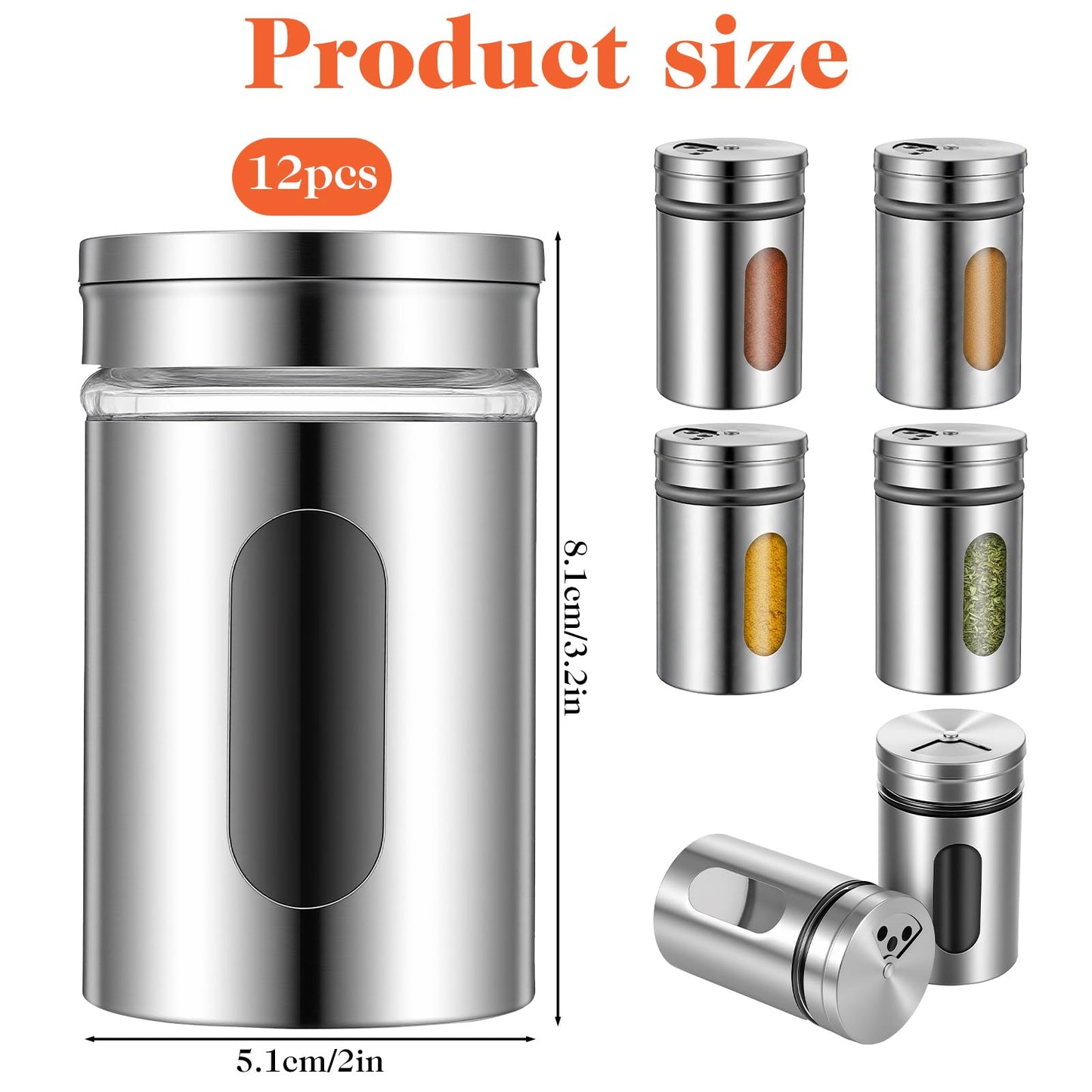12 PCS Stainless Steel Salt and Pepper Shakers Set with Adjustable Pour Holes and Glass Window Seasoning Shakers with Rotating Lid Spice Dispenser Shaker for Seasoning, Sugar, Cinnamon, Home Kitchen