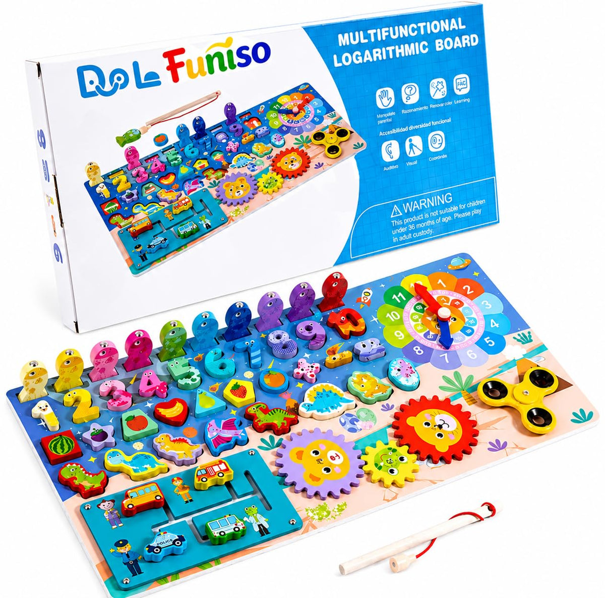 Funiso Montessori Wooden Busy Board Toys for 3+ Boys & Girls, Educational Learning Toy, Number Puzzle Board with Counting, Shapes & Magnetic Fishing Game, Preschool Toy Gift for Toddlers Kids.