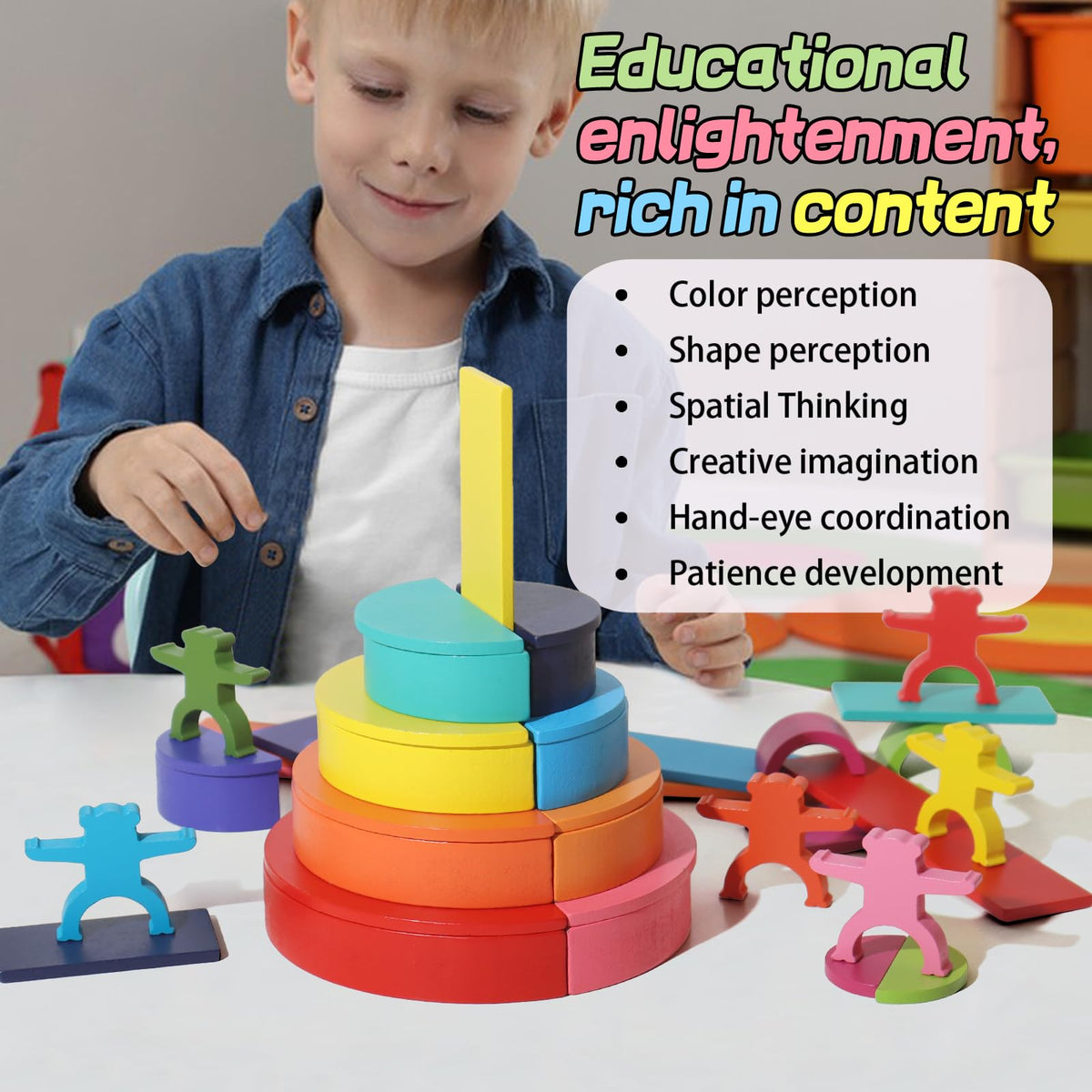 Dinhon 40-Piece Wooden Rainbow Stack Set, 4-in-1 Building Blocks preschoolers Early Development & Activity Toys Montessori Toys for Kids 1 2 3 4 Years and Older Gifts for Boys and Girls