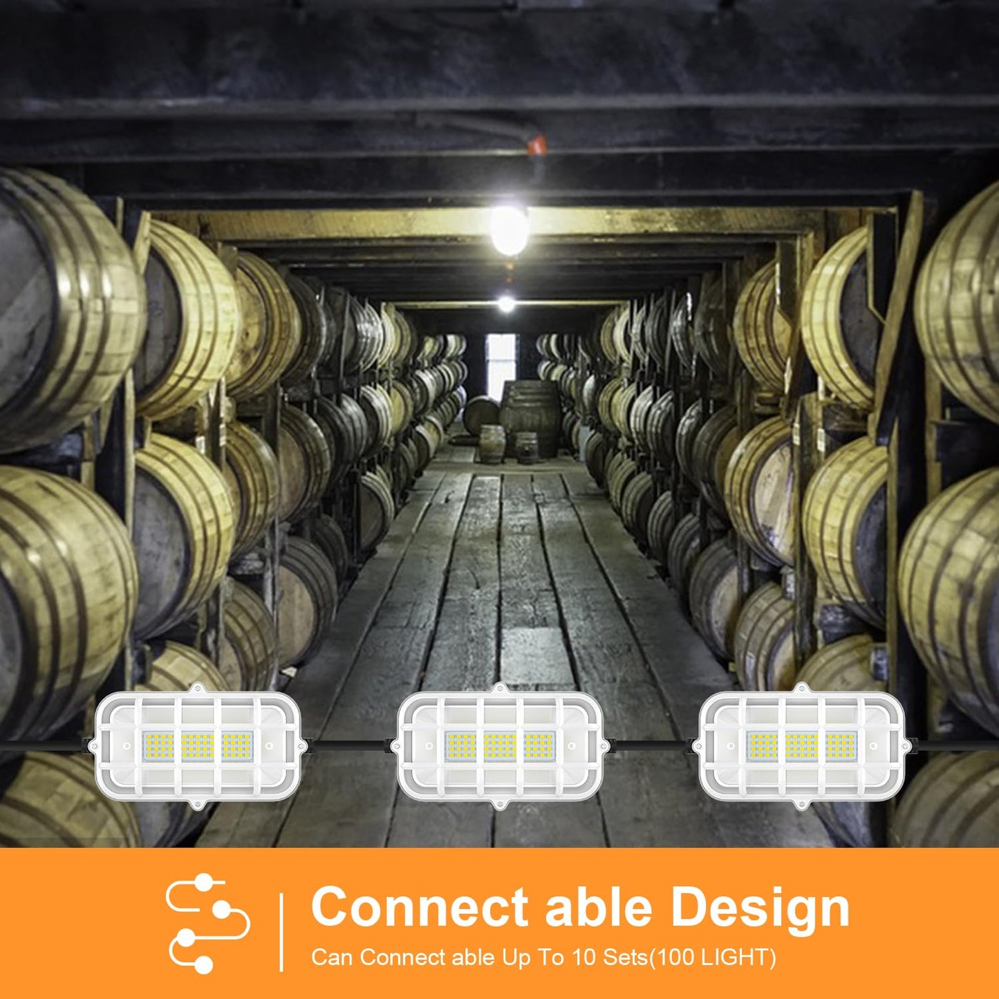 100ft LED Construction String Lights 300W Super Bright 30000LM Work Lights String Connectable Design for Workplace, Warehouse, Garage, RV, Indoor and Outdoor Weatherproof Temporary Lighting