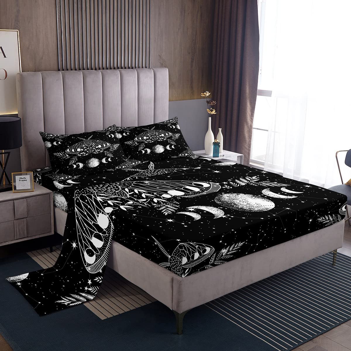 Erosebridal Gothic Moth Sheet Set Twin Size Skeleton Halloween Boho Death Moth Decor Flat Sheet Animal Skeleton Skull Bed Sheet Bohemian Sun and Moon Fitted Sheet with 1 Pillowcase