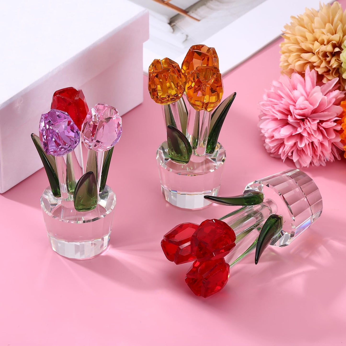 uxcell Crystal Tulips Flower Figurine, Tulips Figurines Flowers Bouquet Ornaments Bouquet Decor Collectible for Birthday Anniversary Wedding Gifts Valentine's Day Gifts, Yellow