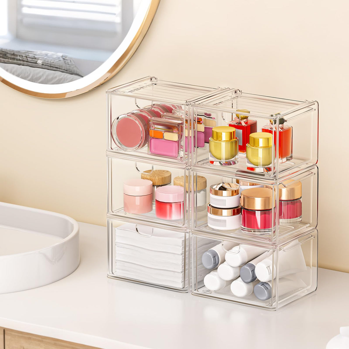 caktraie Acrylic Stackable Storage Drawers Set of 6, Clear Plastic Storage Drawer Organzier, Storage Organizer, Makeup Organizer,Ideal for Vanity, Bathroom,Cabinet,Pantry Organization