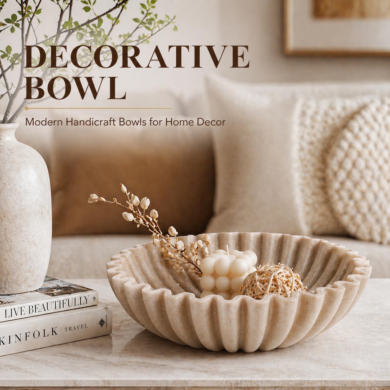 YMXYJM Large Decorative Bowl, Modern Handicraft Bowls for Home Decor, Fruit Bowl for Kitchen Counter, Ruffle Decor, Stylish Key Bowl for Entry Table, Artificial Stone Beige