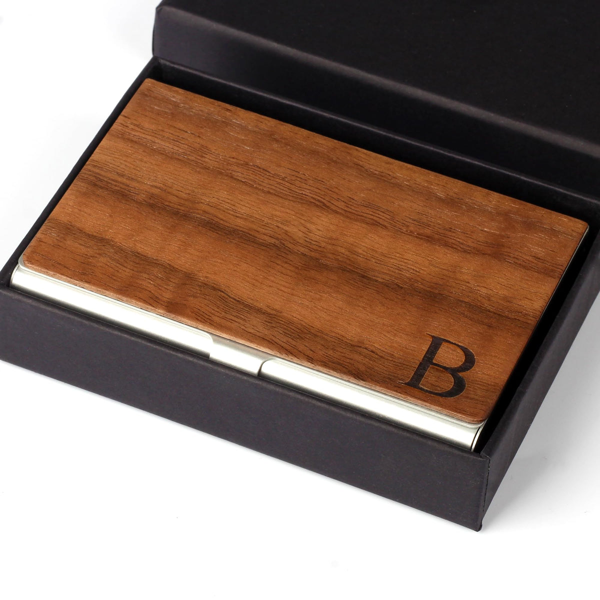 Prophet Clue PC Business Card Holder Walnut Wood & Stainless Steel Business Card Case with Engraved A-Z Initial (B)