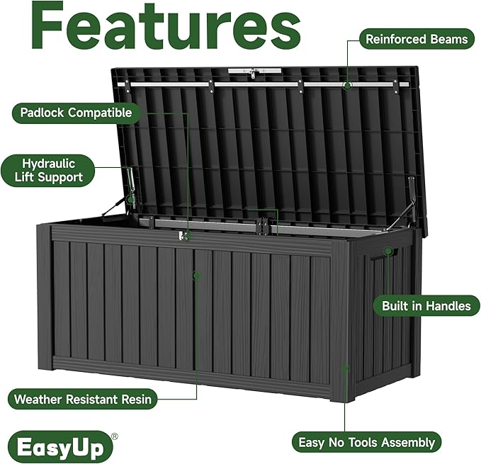 EasyUp 150 Gallon Outdoor Storage Box, Resin Waterproof UV-Resistant Deck Box with Hydraulic Lid Support, Reinforced Stability for Patio, Garden, and Poolside, Black