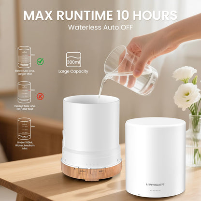 URPOWER 300ml Aromatherapy Essential Oil Diffuser Ultrasonic Air Humidifier AUTO Shut Off Scent Diffuser Night Light 7 Color Changing LED Lights and 4 Timer Settings for Bedroom Office Home