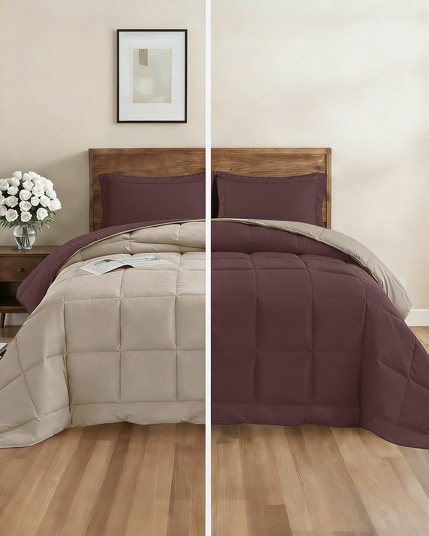 Queen Comforter Set Brown/Beige - Bed in a Bag Queen Size 7 Pieces - Down Alternative Lightweight Reversible Comforter Bedding Set with Flat Sheet, Fitted Sheet, Pillowcases and Shams for All Seasons