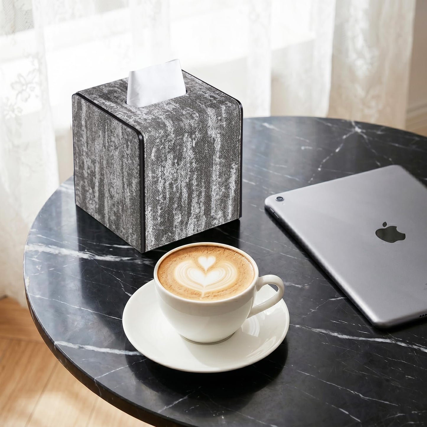 NICLNGSH Tissue Box Holder Square, Marble Pattern ‌PU Leather Cube Tissue Box Cover with Magnetic Closure for Toilet Tank Bedroom Living Room (Light Taupe)