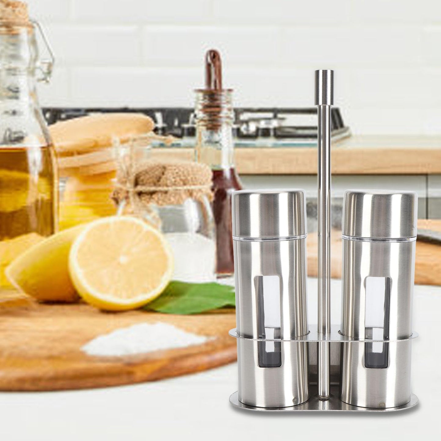Salt and Pepper Shakers Set with Holder, Stainless Steel Spice Seasoning Bottle with Glass Window, Refillable Salt Pepper Dispenser Containers for Home Kitchen Countertop, BBQ, Bar, RV, Camp (S)
