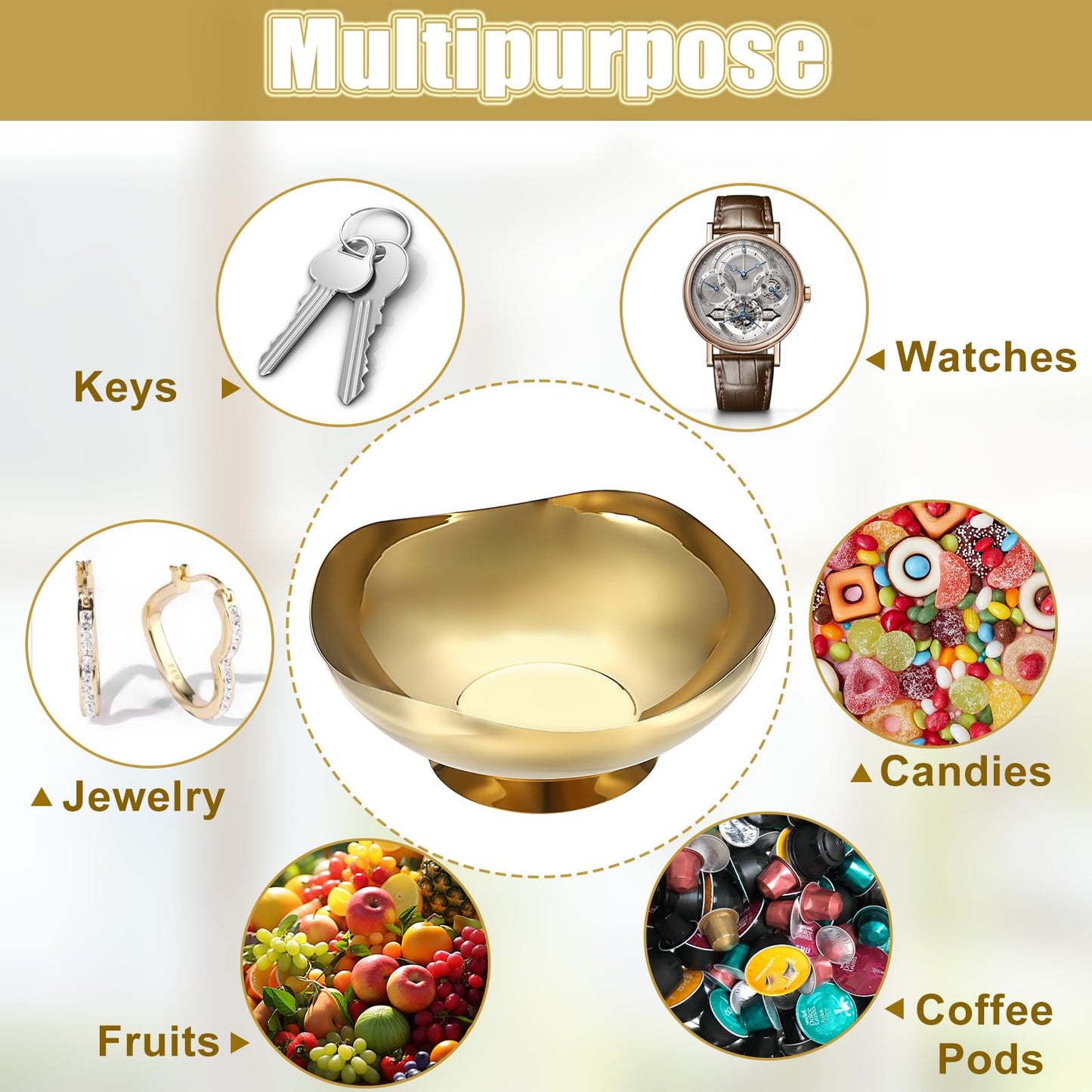 ELLDOO Key Bowl for Entryway Table, 7.9inch Gold Metal Key Dish Decorative Bowl, Coffee Pod Holder for Nespresso, Candy Snacks Jar Catch All Bowl for Countertop Kitchen Breakroom