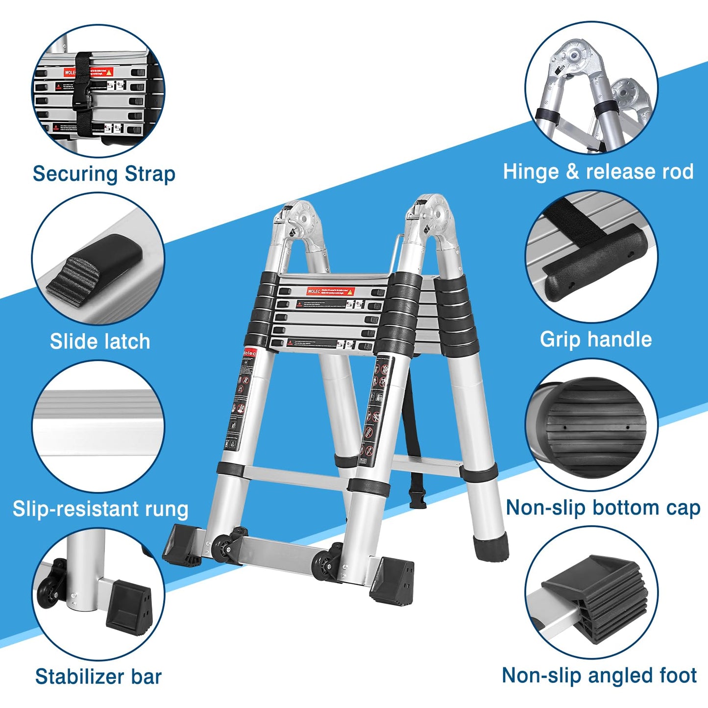 Wolec 14.5FT A Frame Telescoping Extension Ladder with Balance Bar & Wheels, Multi-Purpose Heavy Duty Aluminum Alloy, 330 lbs Max Capacity, Non-Slip, Ideal for Home and Outdoor Work, Silver