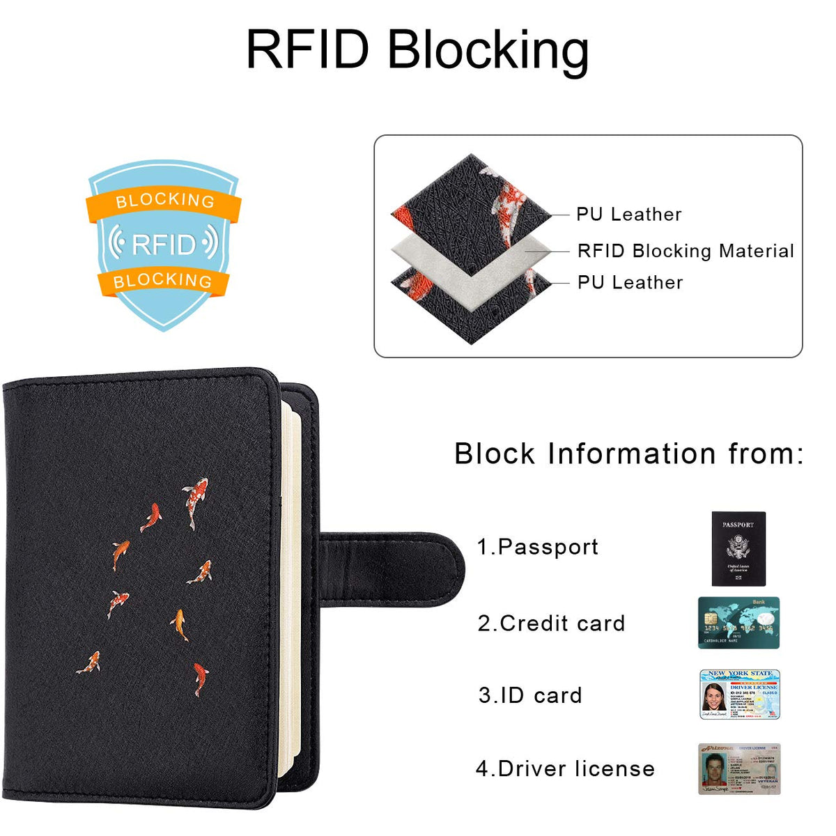 WALNEW Passport Holder for Travel, RFID Passport Cover Wallet for Women Men, PU Leather Passport Book Card Holder Case with Pen (Buckle Closure, Buckle-Carp)