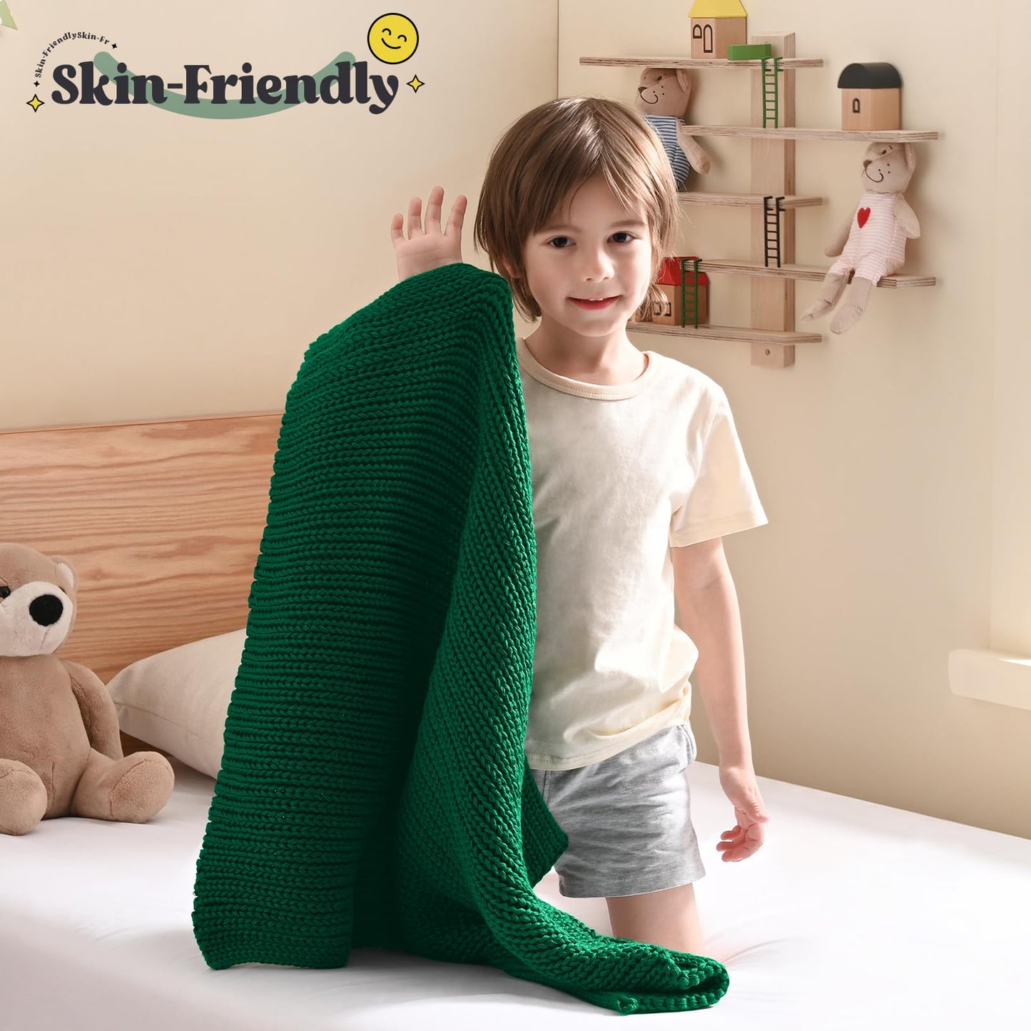 Guohaoi Knitted Weighted Blanket for Adults (Green 60"x80" 15lbs) No Beads Cooling Throw Blanket for Hot Sleepers, Home Decor Breathable Chunky Knit Heavy Blanket Use on Queen/King Size Bed
