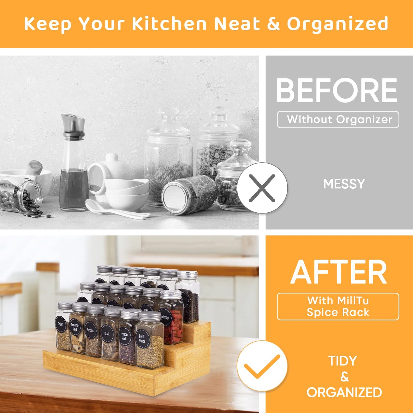 MillTu Bamboo Spice Rack Organizer for Cabinet 2 Pack - 3 Tier Countertop Step Shelf, Seasoning Storage Stand for Kitchen Pantry, Spice Holder for Jars Bottles Cans (Natural)
