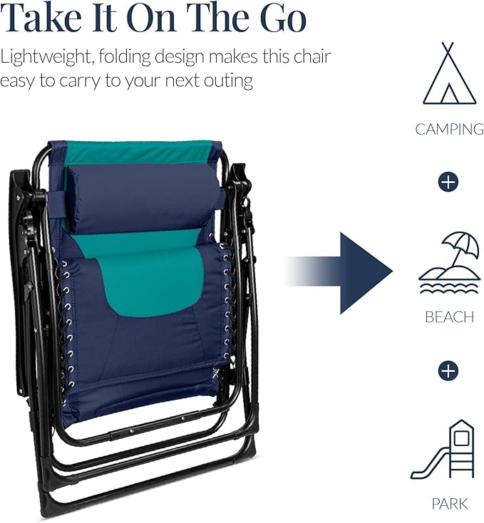 Best Choice Products Oversized Padded Zero Gravity Chair, Folding Outdoor Patio Recliner, XL Anti Gravity Lounger for Backyard w/Headrest, Cup Holder, Side Tray, Polyester Mesh - Navy/Teal