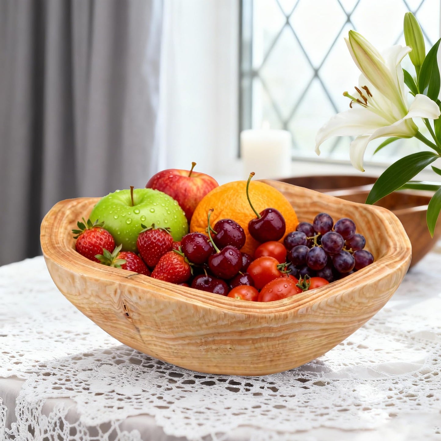 Fakindiy Handmade Wood Kitchen Fruit Bowl 10-12in - Irregular Wooden Decorative Bowl for Kitchen Counter, Wooden Serving Bowl for Salads Snacks Keys and Home Decor