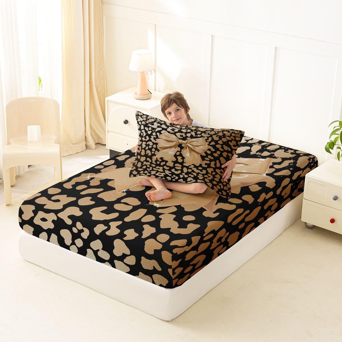 jejeloiu Brown Bowknot Fitted Sheet Twin Size for Kids Boys Girls Dreamy Princess Style Bed Sheets Set 16" Deep Pocket Soft Breathable Microfiber Cute Leopard Bow Bedding with 1 Pillowcase Room Decor