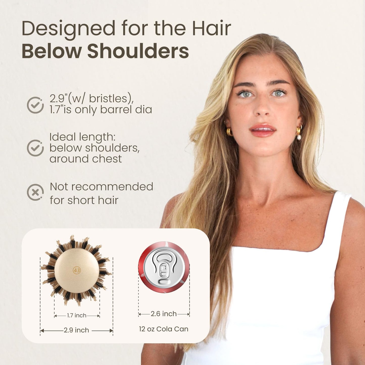 AIMIKE Round Hair Brush, Nano Thermal Ceramic & Ionic Tech Round Brush, RoundBrushes for Blow Drying with Boar Bristles, Barrel Brush for Styling, Curling, Add Volume & Shine (74mm, Barrel 43mm)