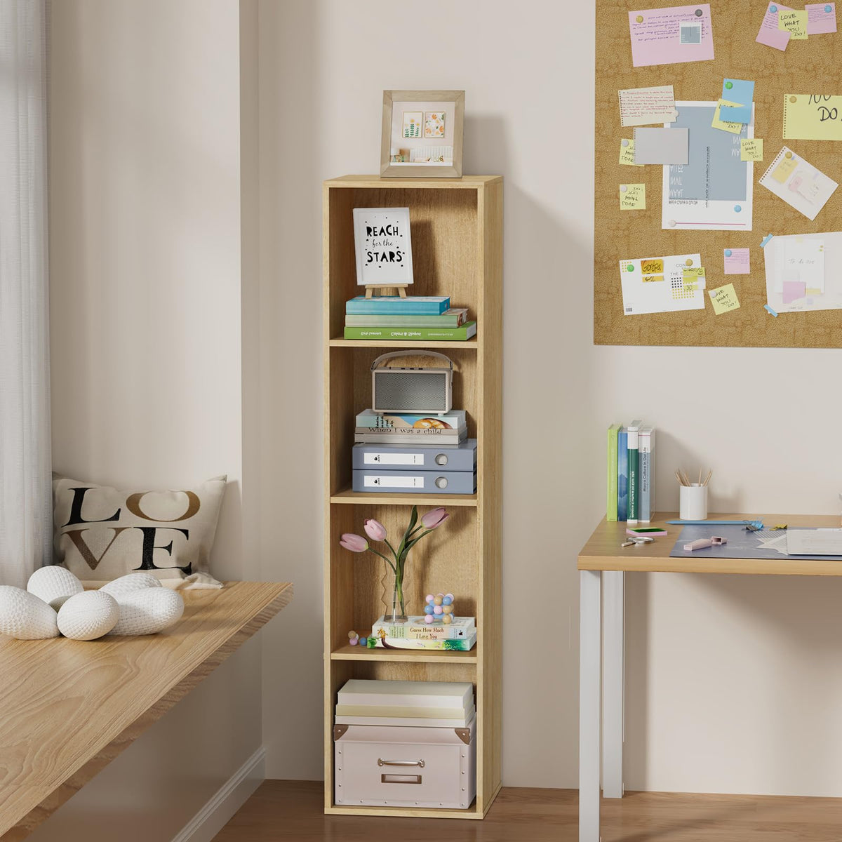 Nestwise 4 Tier Bookshelf, Freestanding Corner Storage Shelve Book Case for Narrow Space, 4 Cube Storage Organizer Small Bookcase for Home Office Living Room (Oak, 4 Cube)