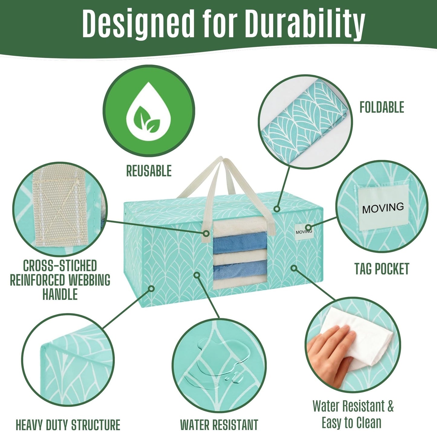 VENO 6 Pack Heavy Duty Moving Bags, Packing Bags with Clear Window, Alternative to Moving Boxes, Storage Bins for Clothes, Blankets, Comforters, College Dorm Essentials (Evergreen, 6 Pack)