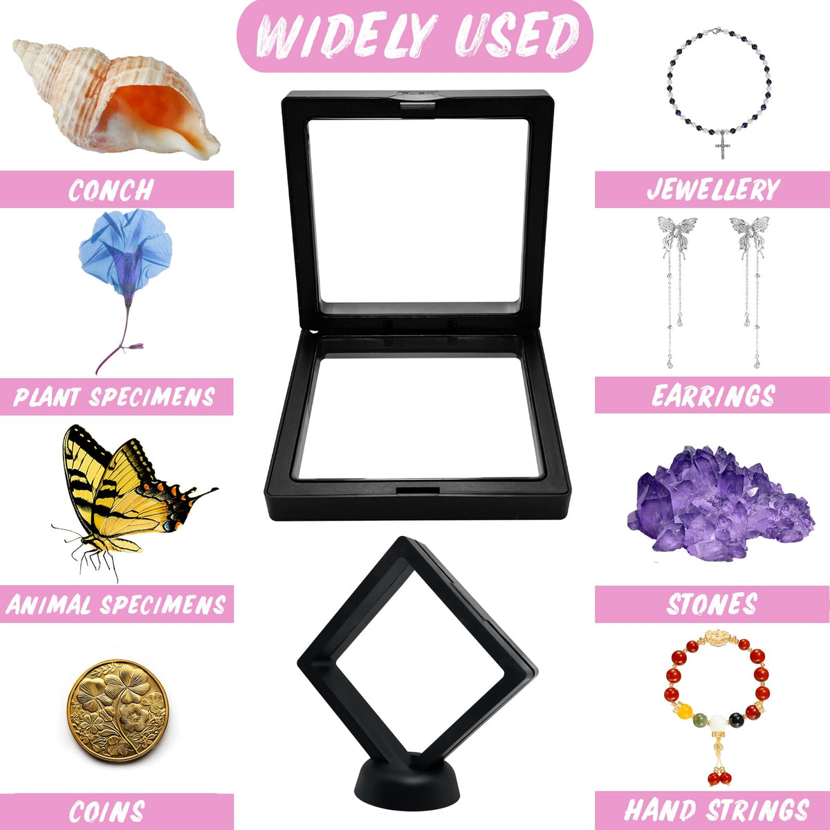 3D Floating Frame Display Cases, 20Pcs Transparent PE Film Jewelry Storage Box with Base Challenge Coin Display Frames Holder Stands Small Shadow Box Frame for AA Medallions Medal, Rock, Ring Necklace