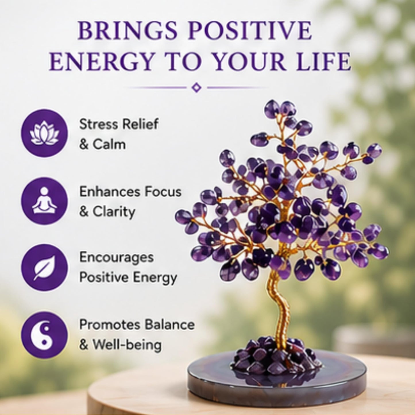 Real Crystal Tree of Life, Purple Amethyst Bonsai Money Tree with Agate Base, Spiritual Gemstone Feng Shui Decor with Gold Wire, Housewarming Birthday Gift (Amethyst (Purple))