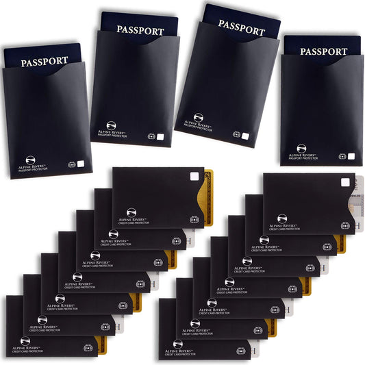 18 RFID Blocking Sleeves Set: 14 Credit Card Holders and 4 Passport Protectors - Premium Identity Theft Protection for Men & Women. Slim Design Fits Wallets & Purses