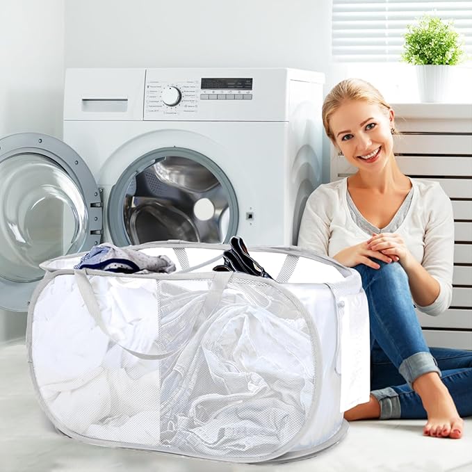 Durable Collapsible Foldable Mesh Pop Up Laundry Basket, 2 Compartments Easy to
