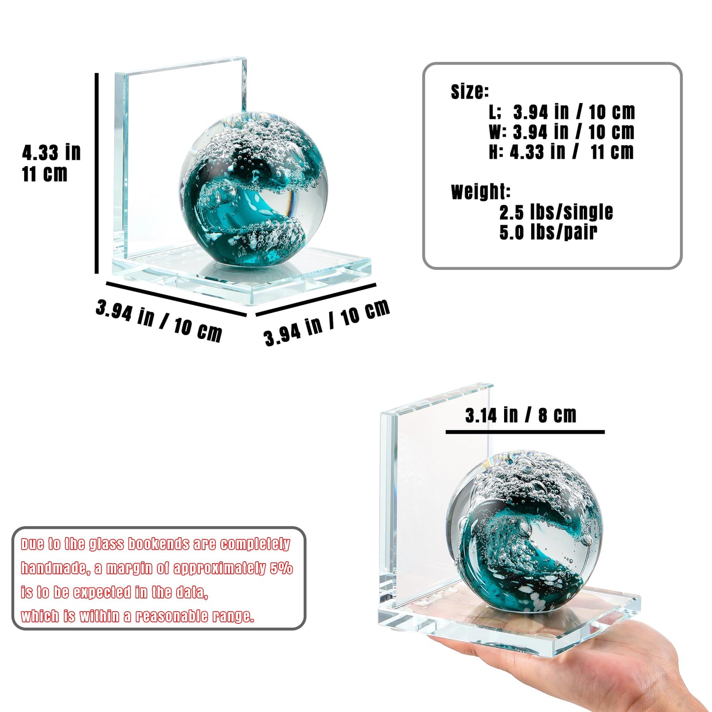 Book Ends for Shelves, Glass Bookends with Dark Blue Glass Hand Blown Sea Wave Ball, Non Skid Sturdy Decorative Bookends for Ocean Lovers, Heavy Books, Office, Set of 2