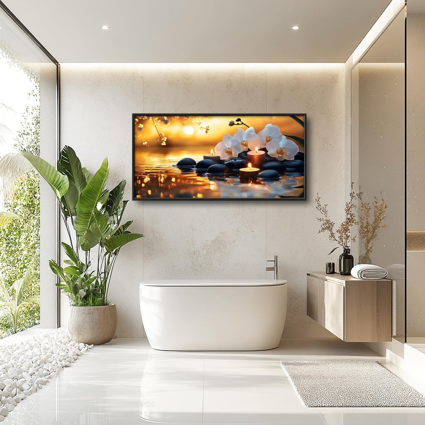 Mecowcm Zen Large Wall Art Candle Spa Stones Framed Wall Decor Orchid Meditation Spiritual Relaxing Canvas Pictures Painting for Yoga Living Room Bedroom Bathroom 30"x60"