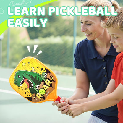 Joycat Kids Pickleball Paddles Set of 2, Lightweight Plastic Cute Pickleball Paddles for Kid with Small Grip, 2 Pickleballs, 1 Drawstring Bag,Indoor Outdoor Sport Gifts for Kids,Beginner (Dinosaur)
