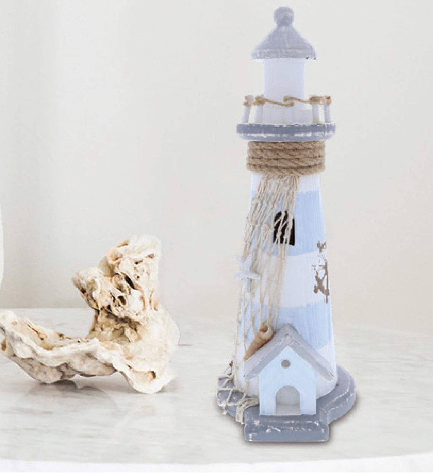 CoTa Global Moonlight Wooden Lighthouse Decor - Handcrafted Nautical Decor Light House with Fish Net Decoration and Cool Ocean Ornament Shells, Wooden Sculpture for Tabletop Centerpiece - 11.5 Inches