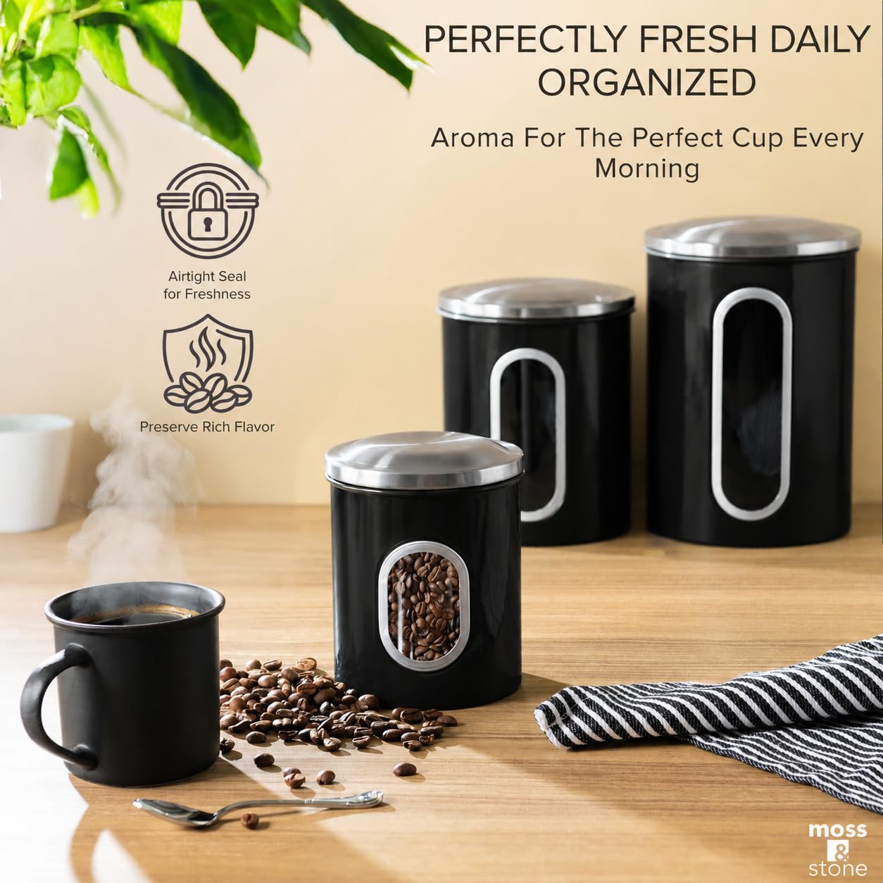 Moss & Stone 3-Piece Black Canisters Sets For The Kitchen, Airtight Canister Set With See Through Window, Storage Jars for Coffee Container, Tea Organizer & Sugar Canister, Black Kitchen Canisters
