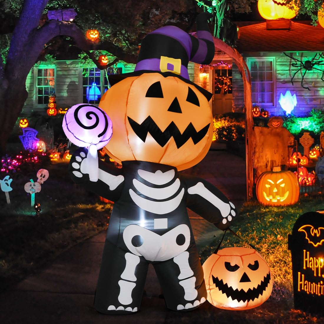 GOOSH 6 FT Halloween Inflatable Pumpkin Skull Body Outdoor Decorations Blow Up Yard Pumpkin with Built-in LEDs for Garden Lawn Party Decor