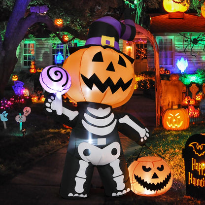 GOOSH 6 FT Halloween Inflatable Pumpkin Skull Body Outdoor Decorations Blow Up Yard Pumpkin with Built-in LEDs for Garden Lawn Party Decor