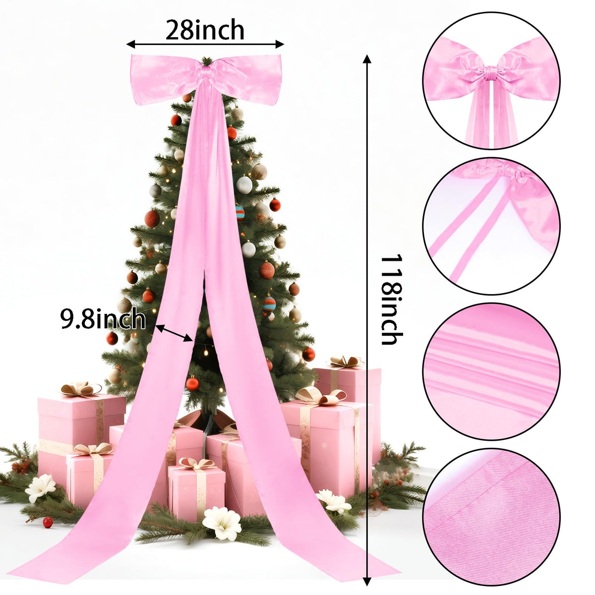 Giant Christmas Tree Bow Topper Big Bow for Christmas Tree Decorations 18X118In Tree Toppers Bows Big Pink Bows for Wedding Birthday Party Wall Backdrop(Pink)