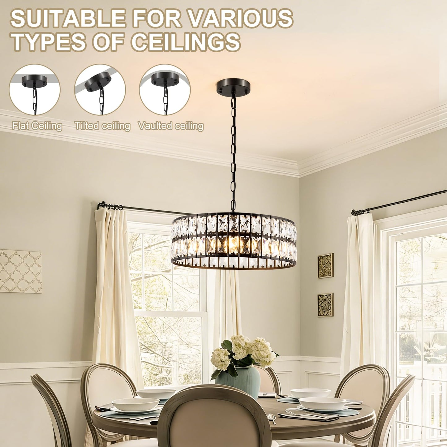 ZorpOrigin Black Crystal Chandelier, 16 Inch 3-Light Dining Room Fixture