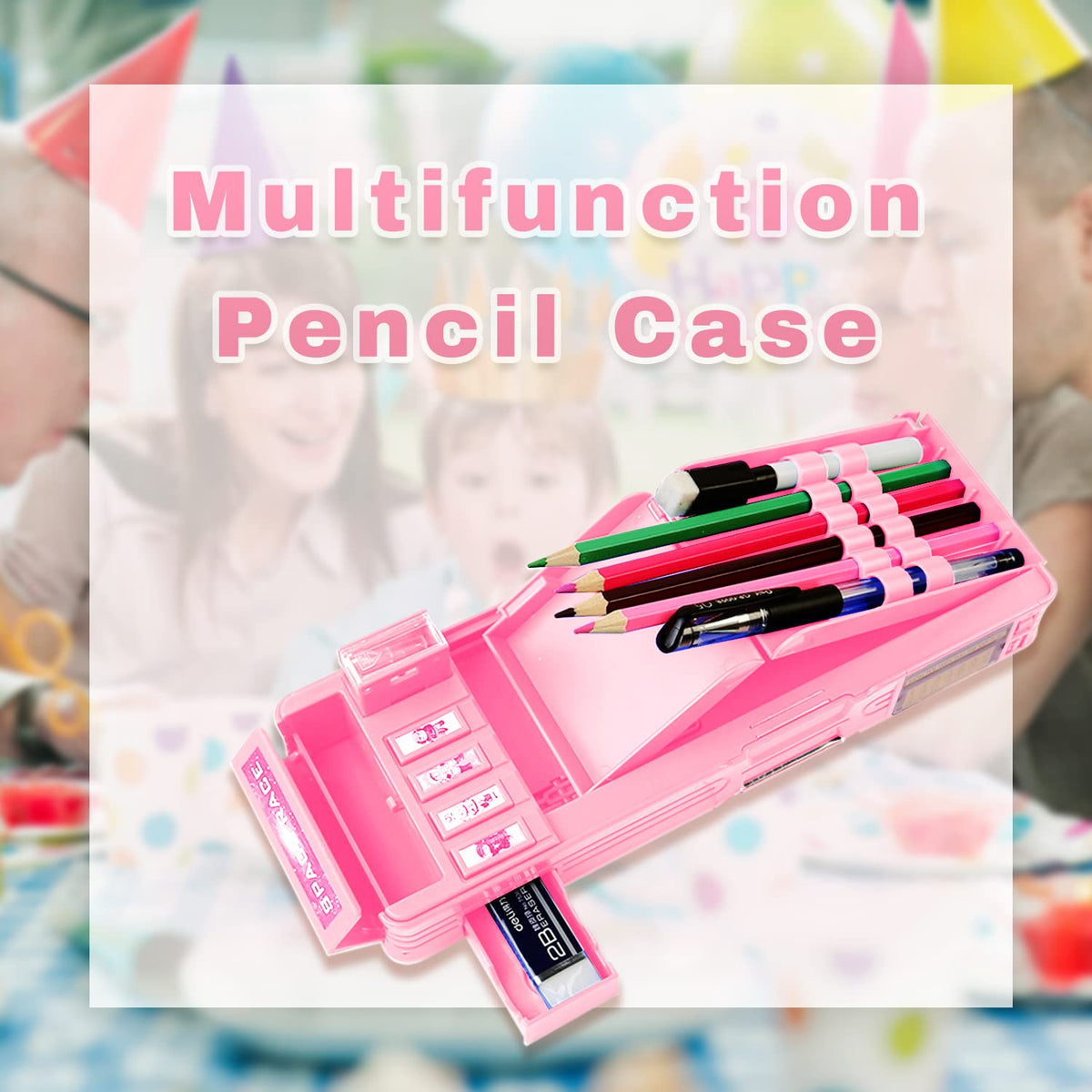 Pop Up Multifunction Pencil Case for Girls and Boys, Cute Cartoon Pen Box Organizer Stationery with Lock, Sharpener, Schedule, Whiteboard, School Supplies, Best Gifts for Kids Teens(Pink 2)