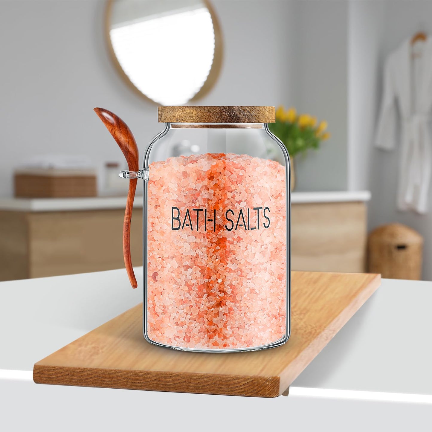 SiliFine 2 Pcs 94 oz Bath Salts Glass Jar with Wooden Lid, Bath Salt Container with Scoop, Airtight Storage Bathtub Accessories for Women