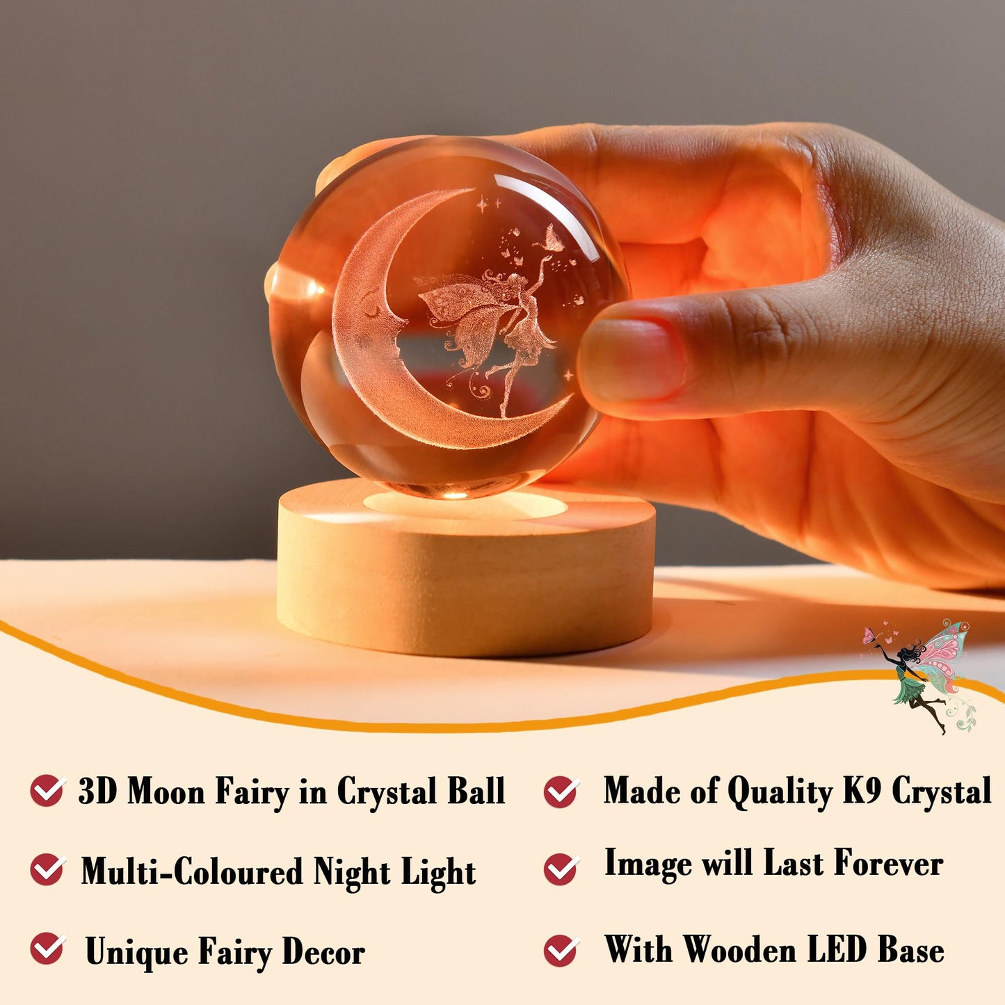 IFOLAINA Moon Fairy Crystal Ball Fairy Gifts for Girls Her Fairy Lovers Birthday Gifts for Daughters 3D Crystal Fairy Sphere Lamp Decorative Fairy Figurine Home Decor